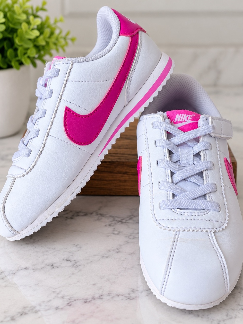 Nike Kids White Sneakers with Hot Pink Swoosh